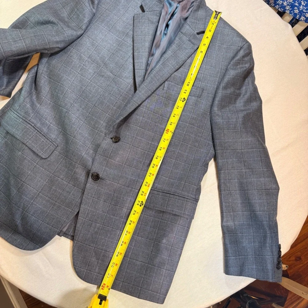 Lauren Ralph Lauren Blazer Men 44R Blue Silk Wool Windowpane Sport Coat Luxury